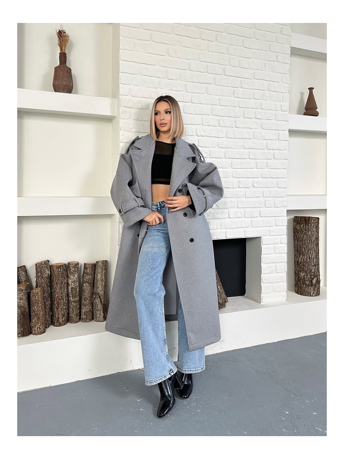 Boom Bester Kadın Kaşe Kuşaklı Pelerin Detay Extra Oversize Kaban / Trençkot - Görsel 3