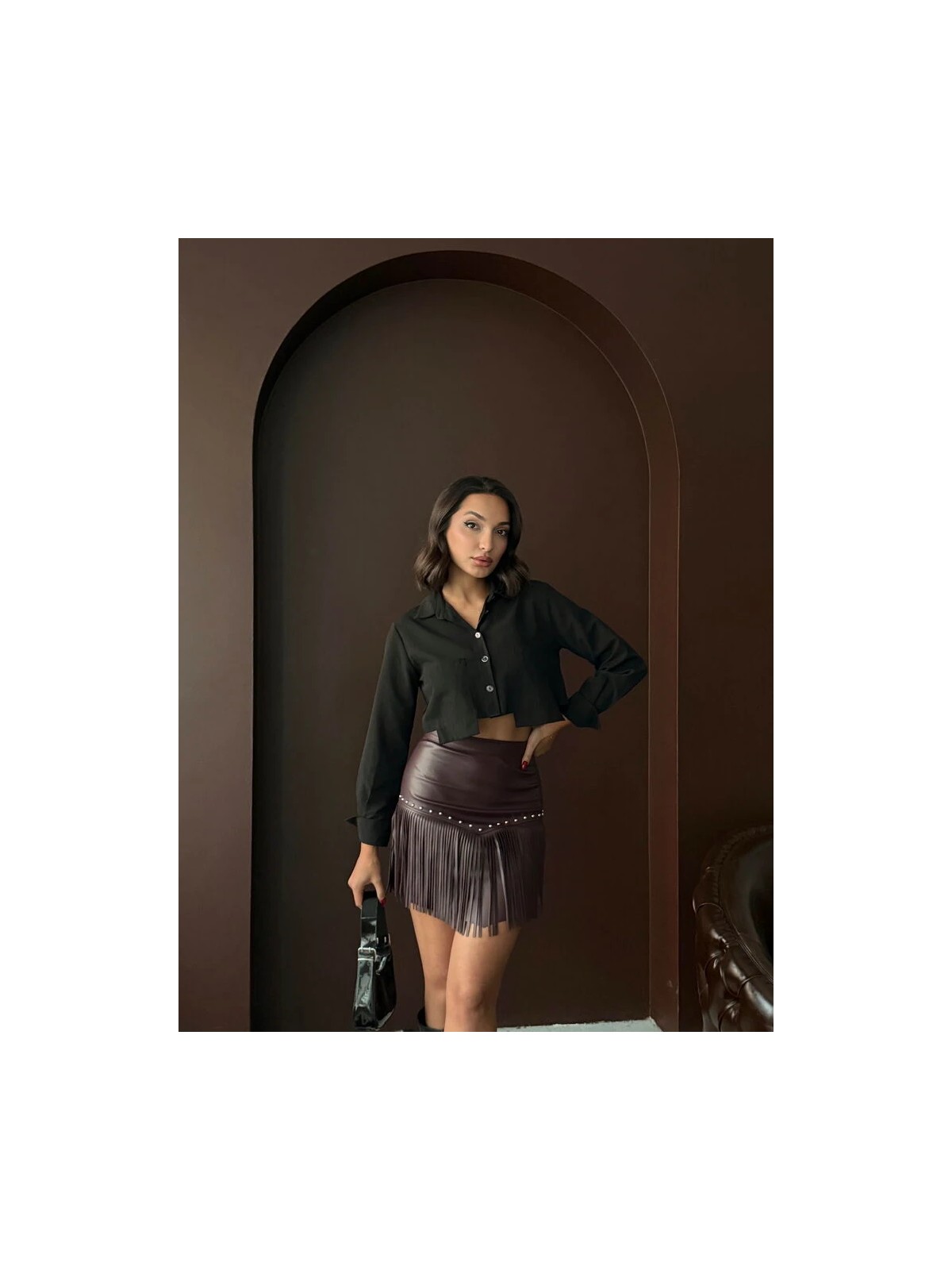 Cemo Kadın Püsküllü Mini Etek Zımbalı Deri Görünümlü Kısa Saçaklı Etek Siyah - Görsel 4