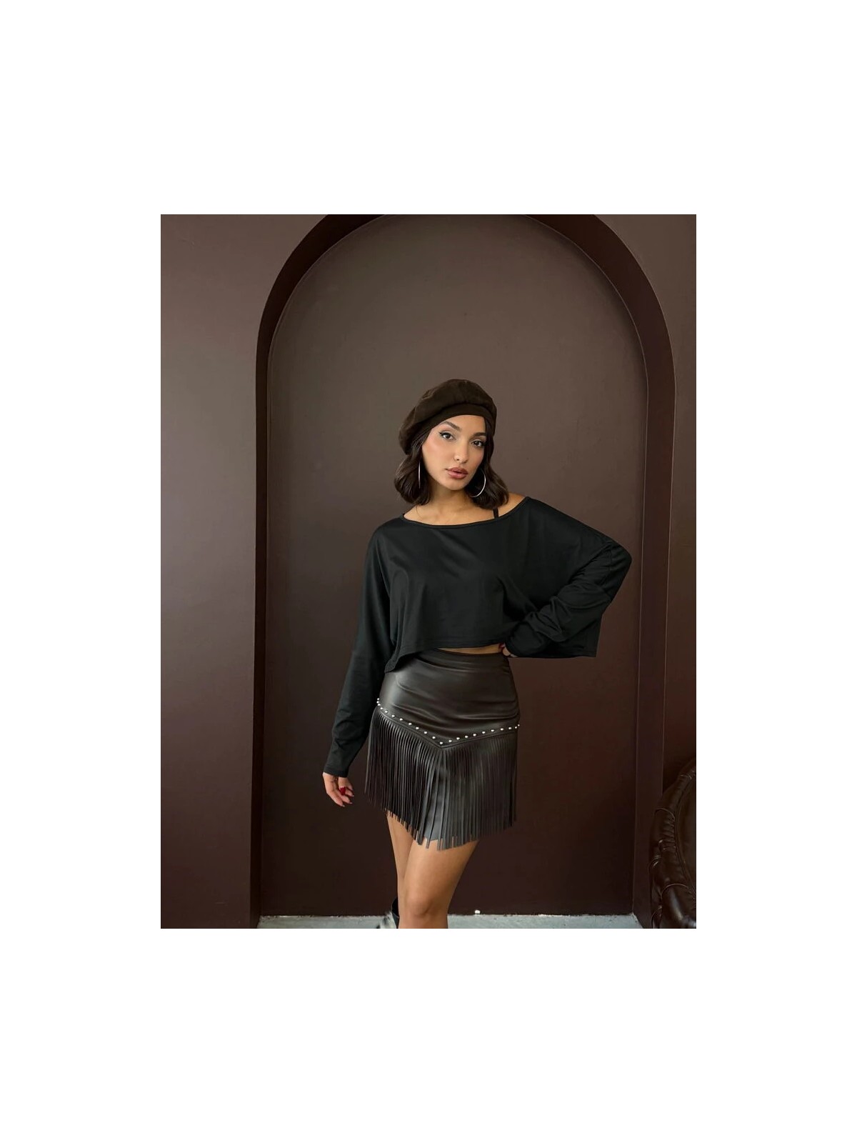 Cemo Kadın Püsküllü Mini Etek Zımbalı Deri Görünümlü Kısa Saçaklı Etek Siyah