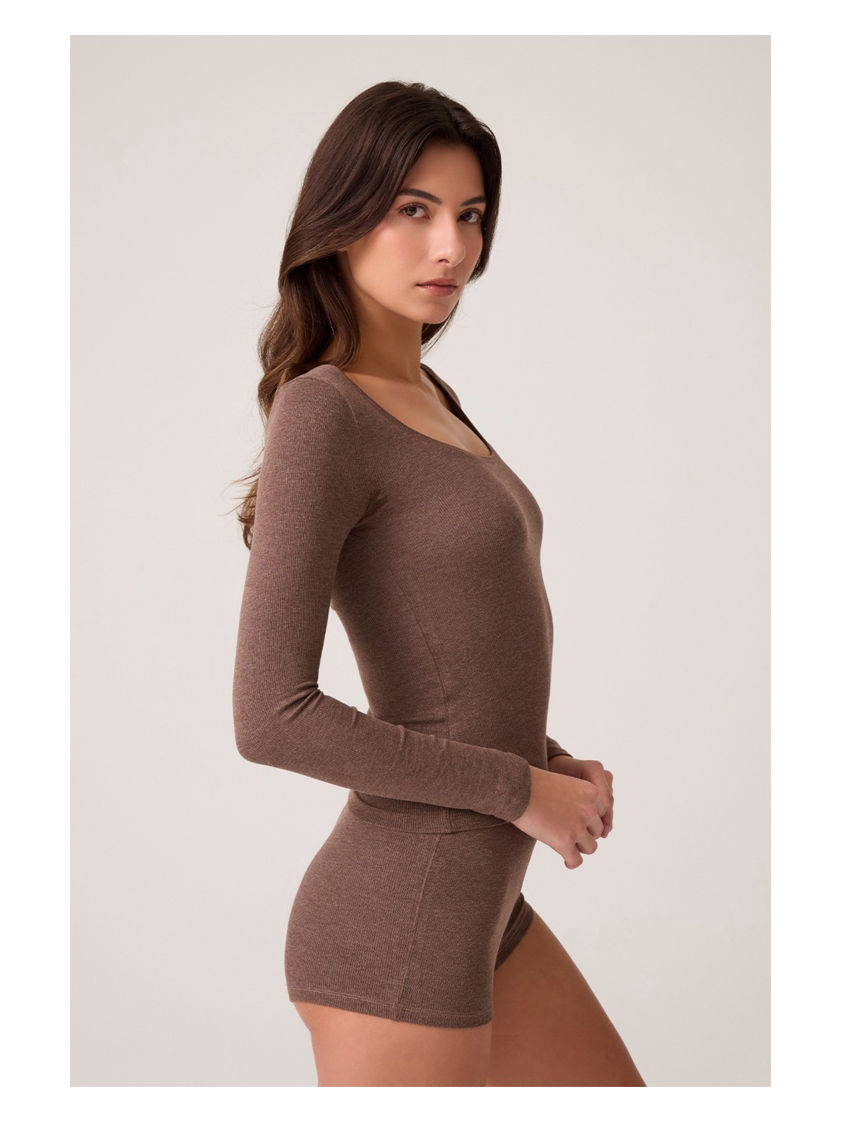 Los Ojos x Ece Kahverengi Modal Kumaşlı Uzun Kollu Şortlu Pijama Takımı Ribbed Pj