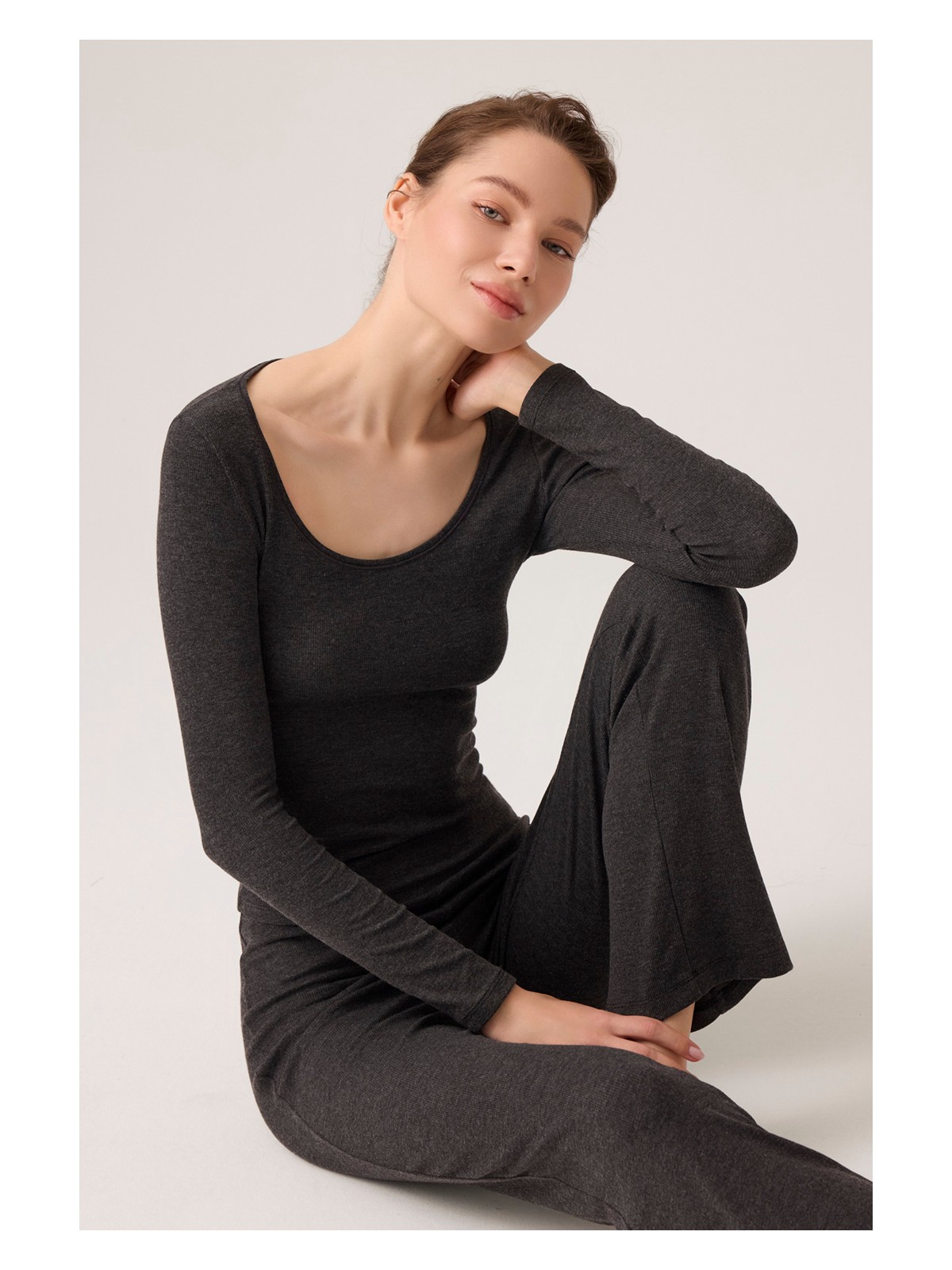 Los Ojos x Ece Antrasit Modal Kumaşlı Uzun Kollu Eşofmanlı Pijama Takımı Ribbed Pj2