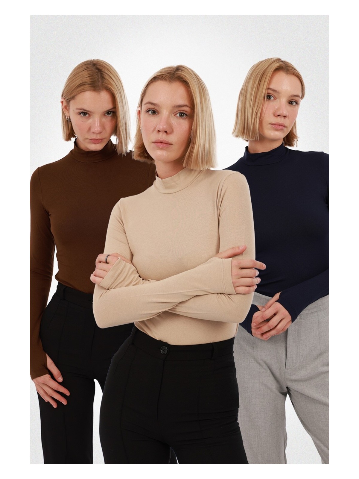 Yade Fashion Kadın Parmak Detaylı Body 3’lü Set – Kahverengi Ekru Lacivert