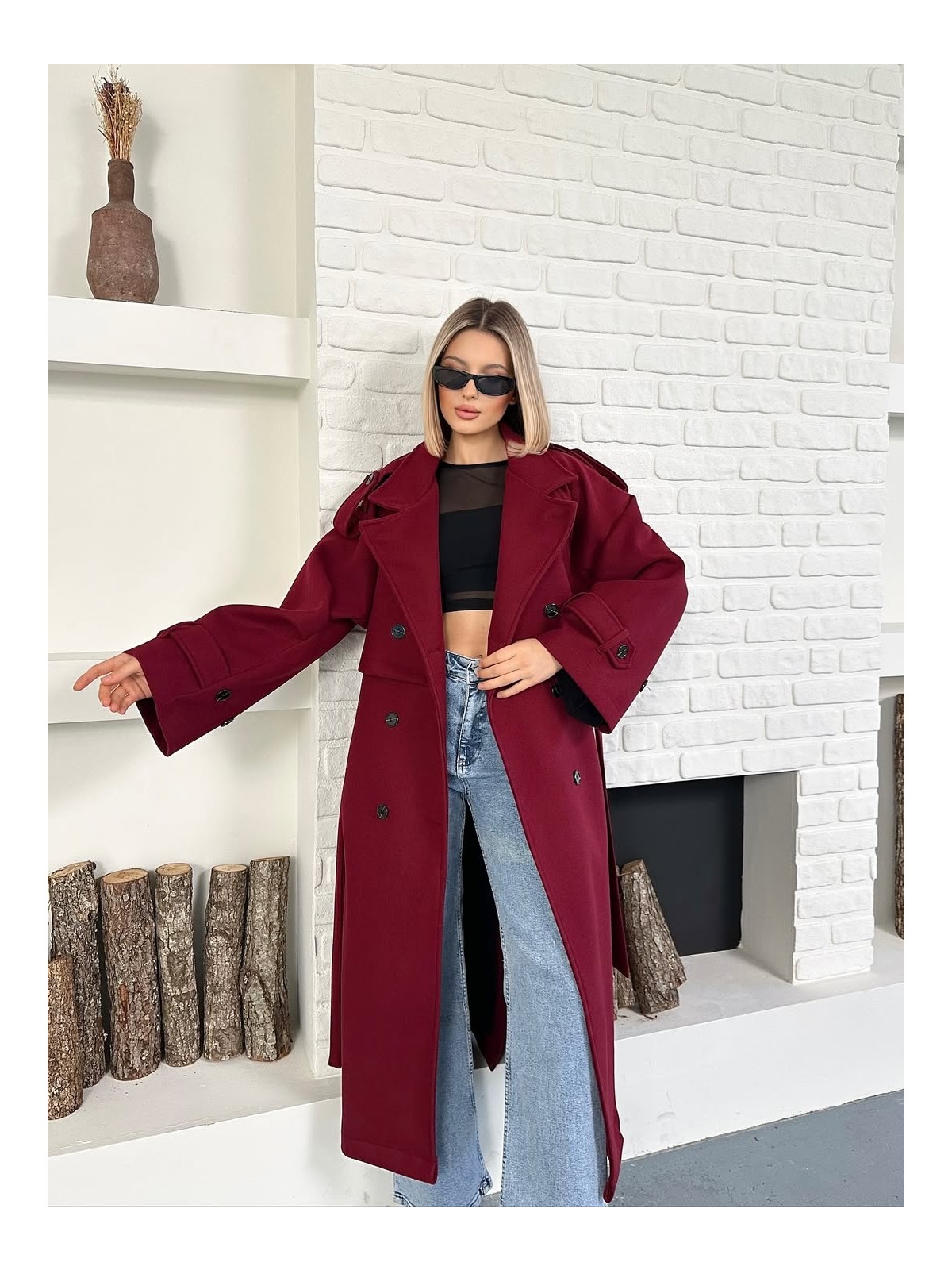 Boom Bester Kadın Kaşe Kuşaklı Pelerin Detay Extra Oversize Kaban / Trençkot