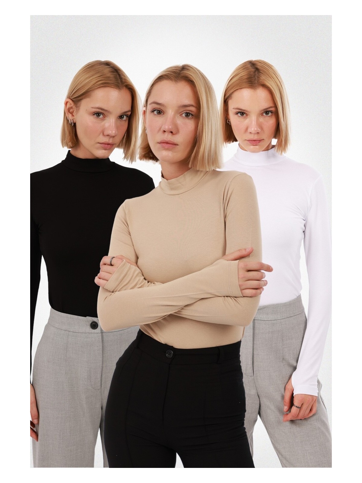 Yade Fashion Kadın Parmak Detaylı Body 3’lü Set – Kahverengi Ekru Lacivert - Görsel 4