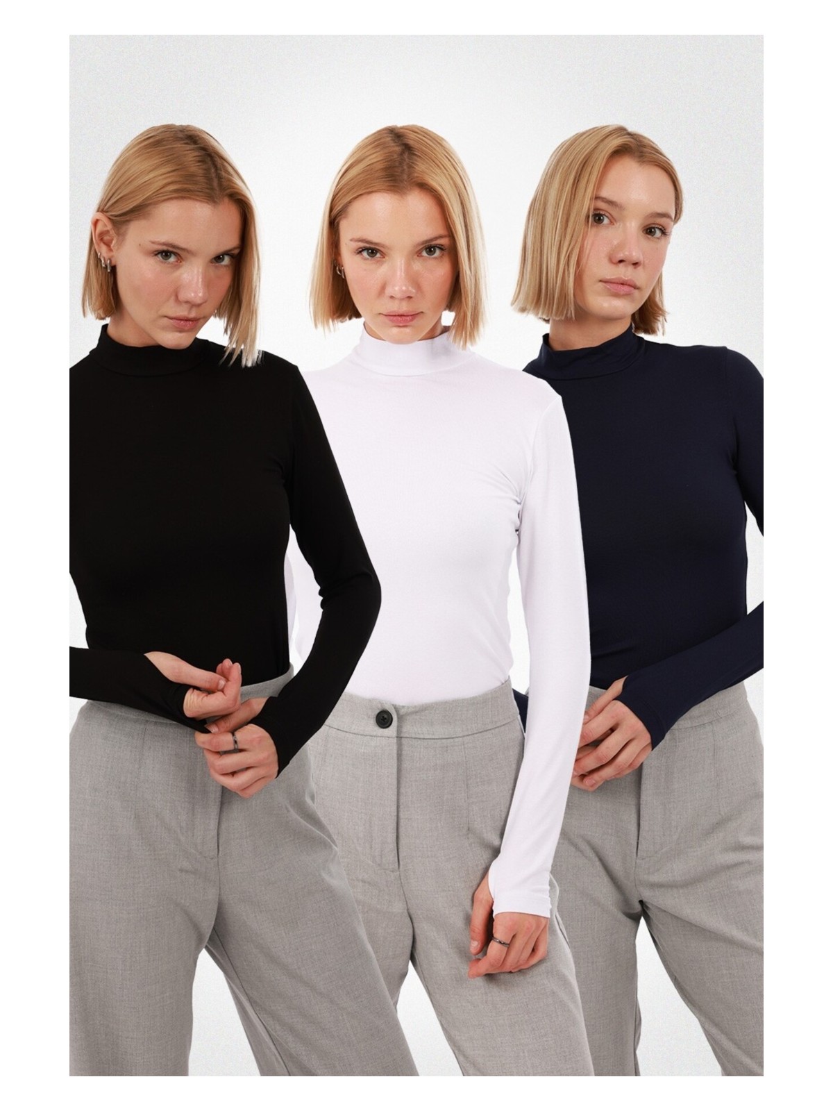 Yade Fashion Kadın Parmak Detaylı Body 3’lü Set – Kahverengi Ekru Lacivert - Görsel 5