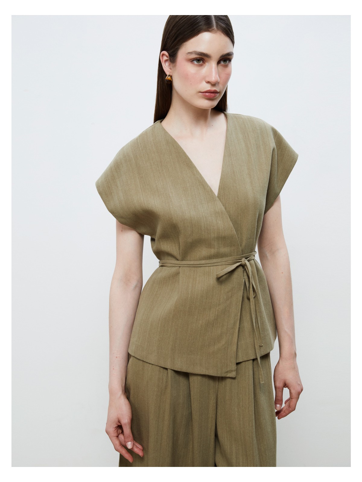 Soulife Kruvaze Yaka Keten Görünümlü Bluz - Görsel 3