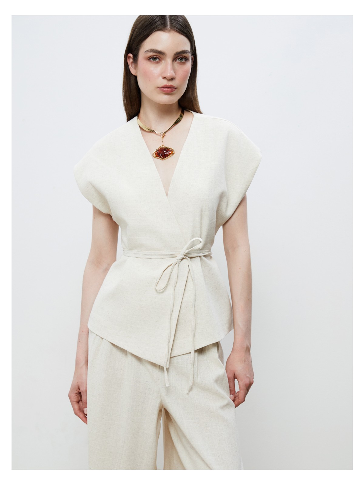 Soulife Kruvaze Yaka Keten Görünümlü Bluz - Görsel 5