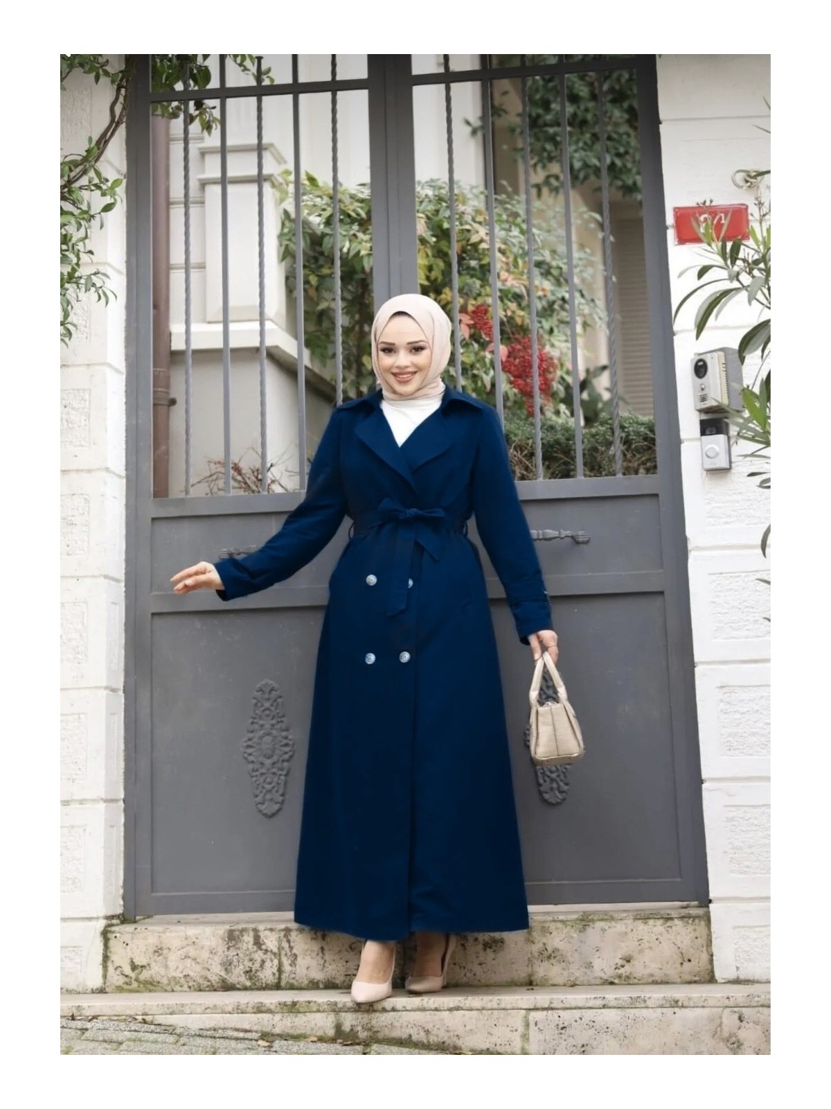 Glr & Gym Nevin Kadın Tam Boy Büyük Beden Coton Kumaş Trençkot - Görsel 5