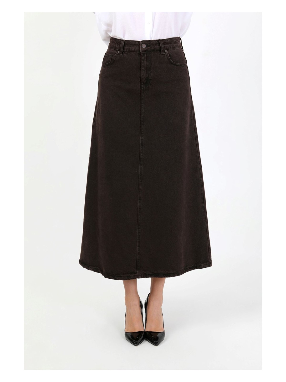 Vellichor Yüksek Bel A Kesim Denim Etek Kahverengi