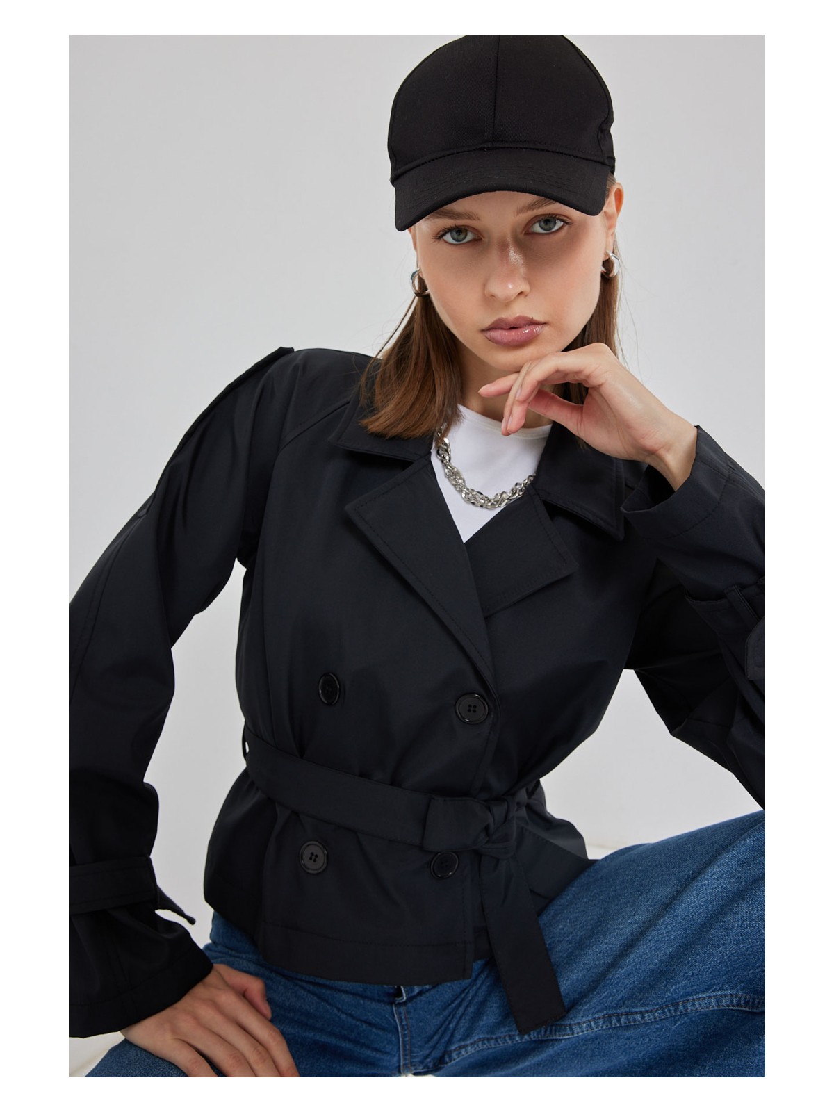 Bigdart Kadın Kemerli Kısa Trençkot 5970 - Siyah