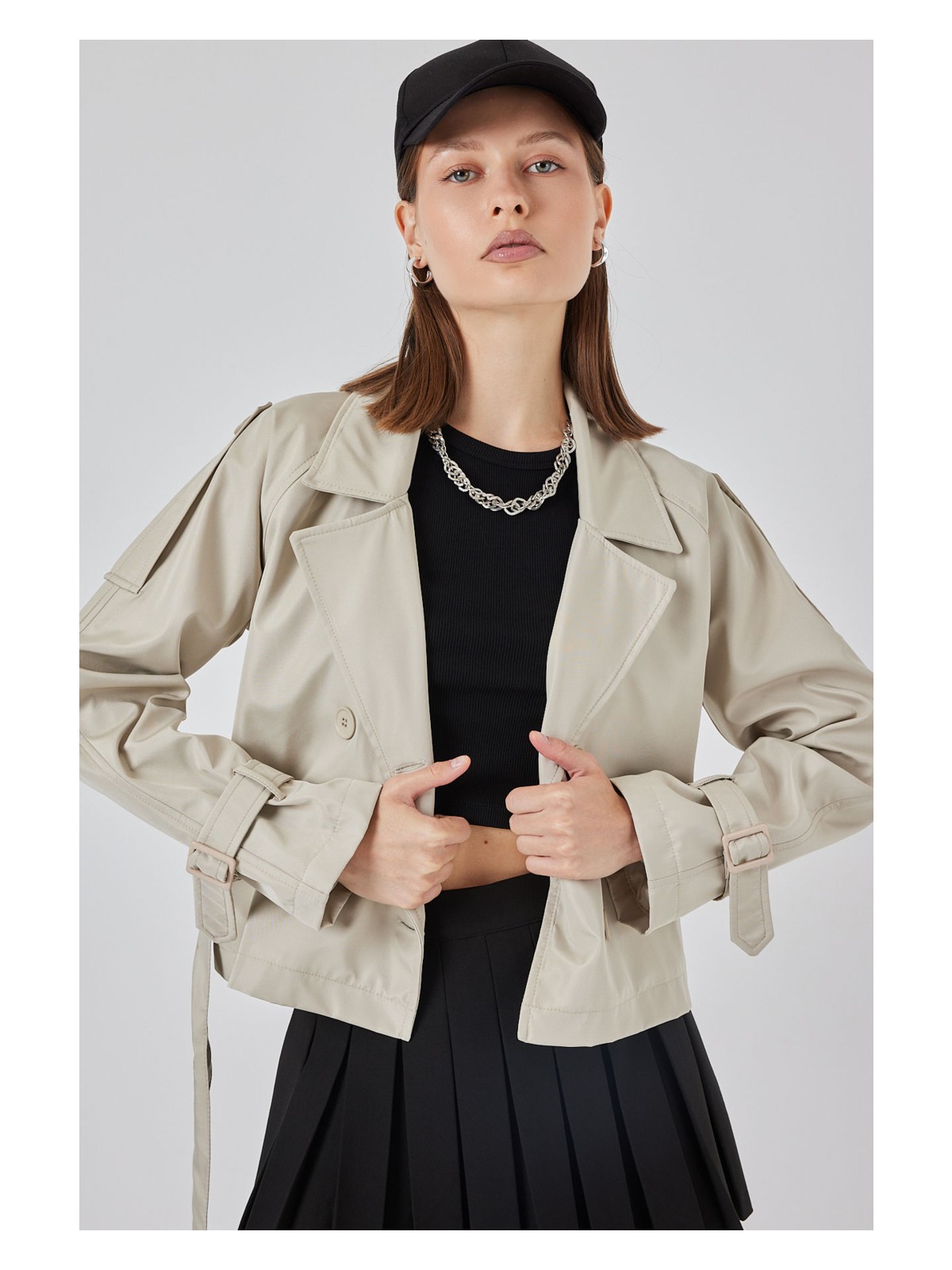 Bigdart Kadın Kemerli Kısa Trençkot 5970 - Taş