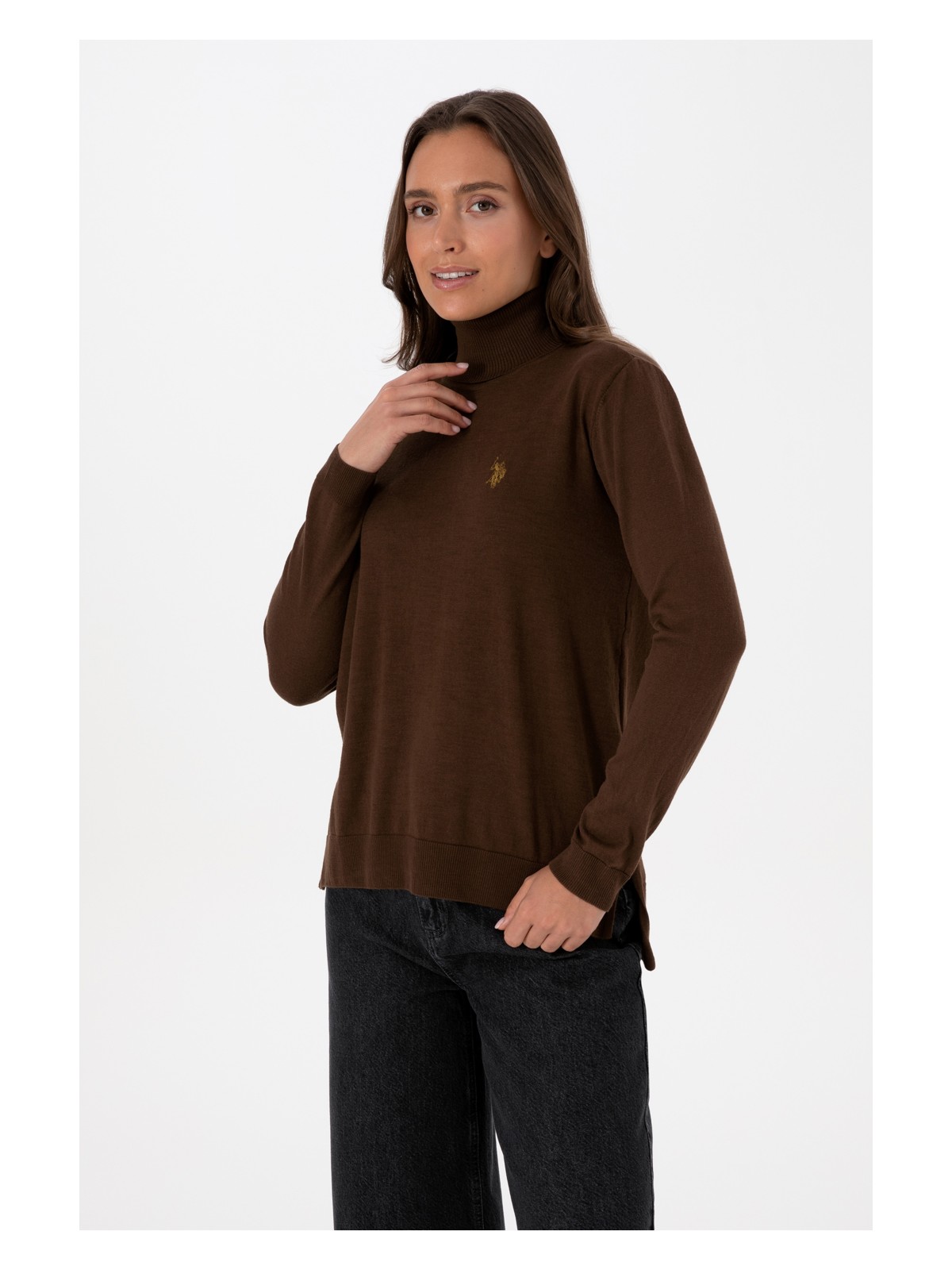 U.S. Polo Assn. Kadın Kahverengi Boğazlı Basic Kazak 50313621-VR029
