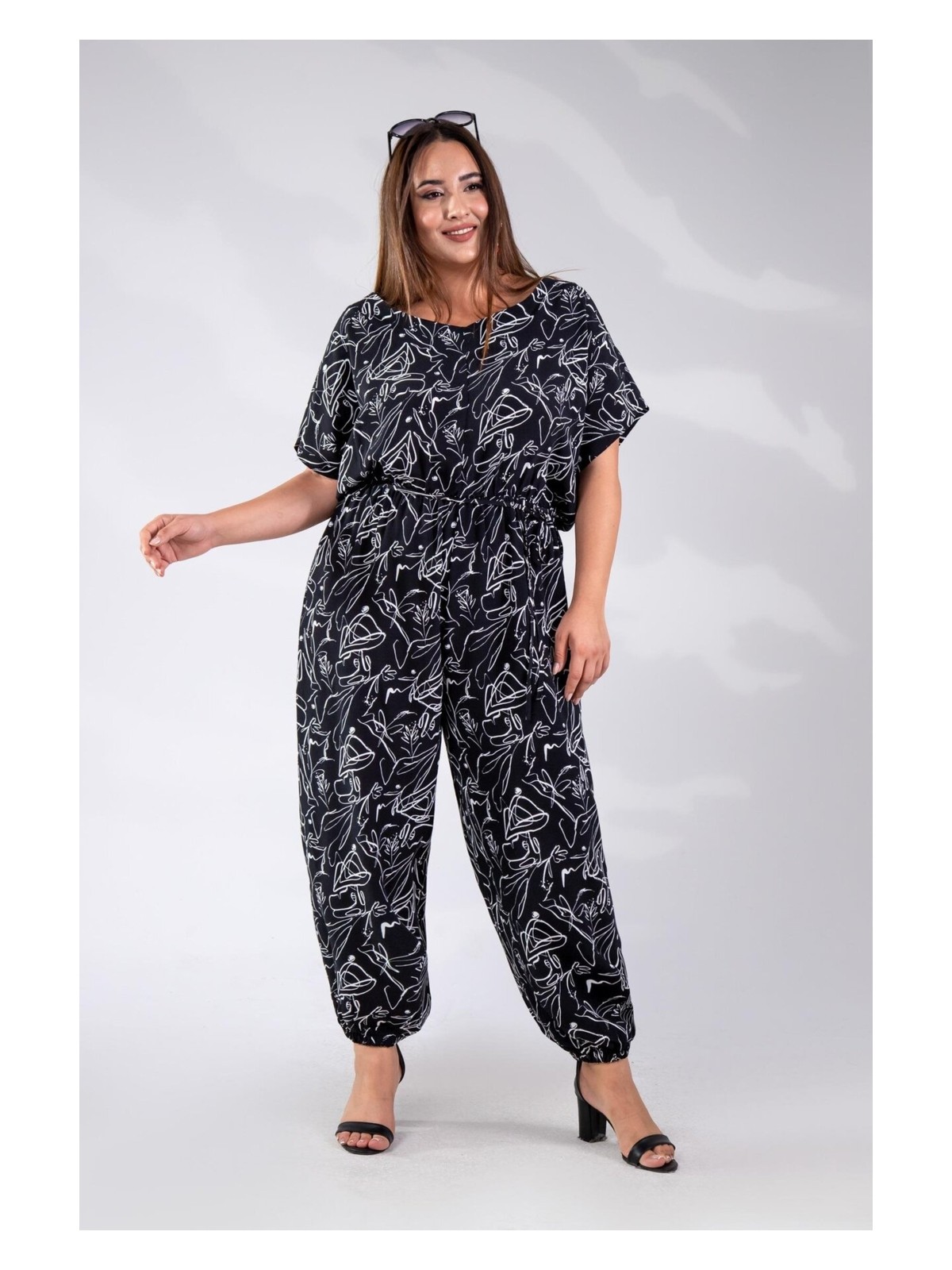 Roxxlen Kadın Büyük Beden Beli Lastikli Desenli Tulum Siyah