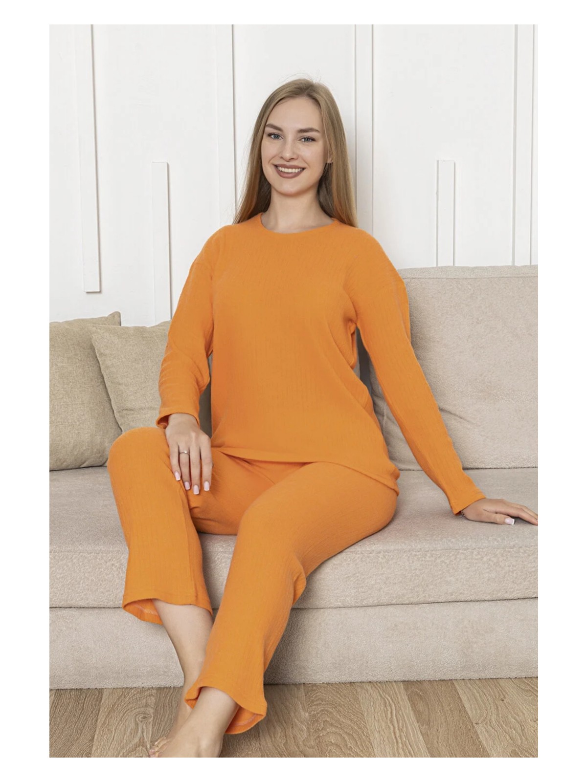 Farya Home Pamuklu Kalın Kışlık Interlok Şeritli Uzun Kollu Örme Pijama Takımı - Görsel 6