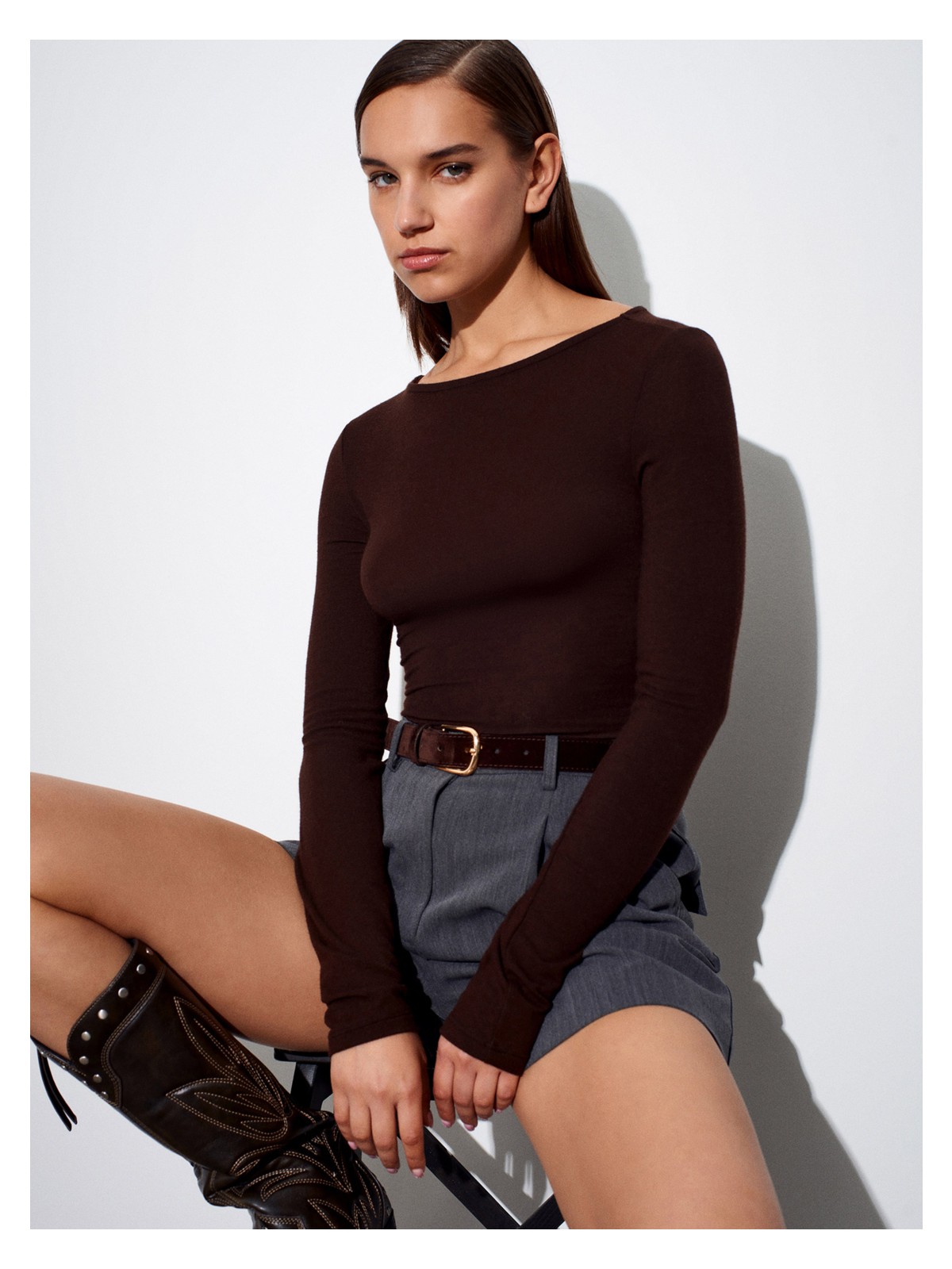 Dilvin 32325 Kayık Yaka Uzun Kollu Top-Vizon - Görsel 4