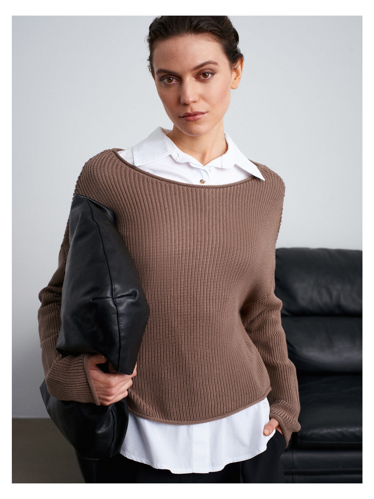 Dilvin 10804 Kayık Yaka Basic Triko Kazak-Ekru - Görsel 9