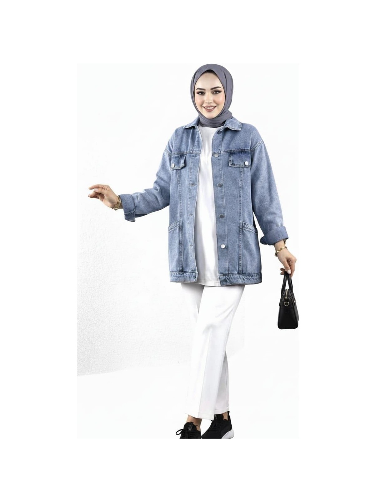 Kadın Cep Detaylı Lacivert Denim Kot Ceket - Görsel 3