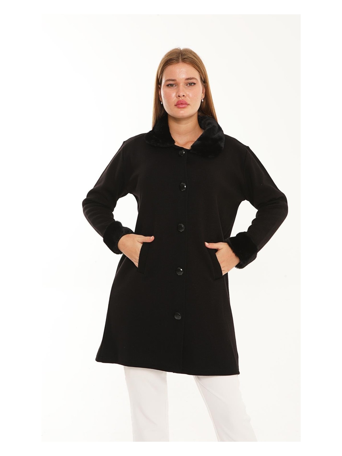 Lanze Çelik Örme Kürk Yakalı Triko Kaban