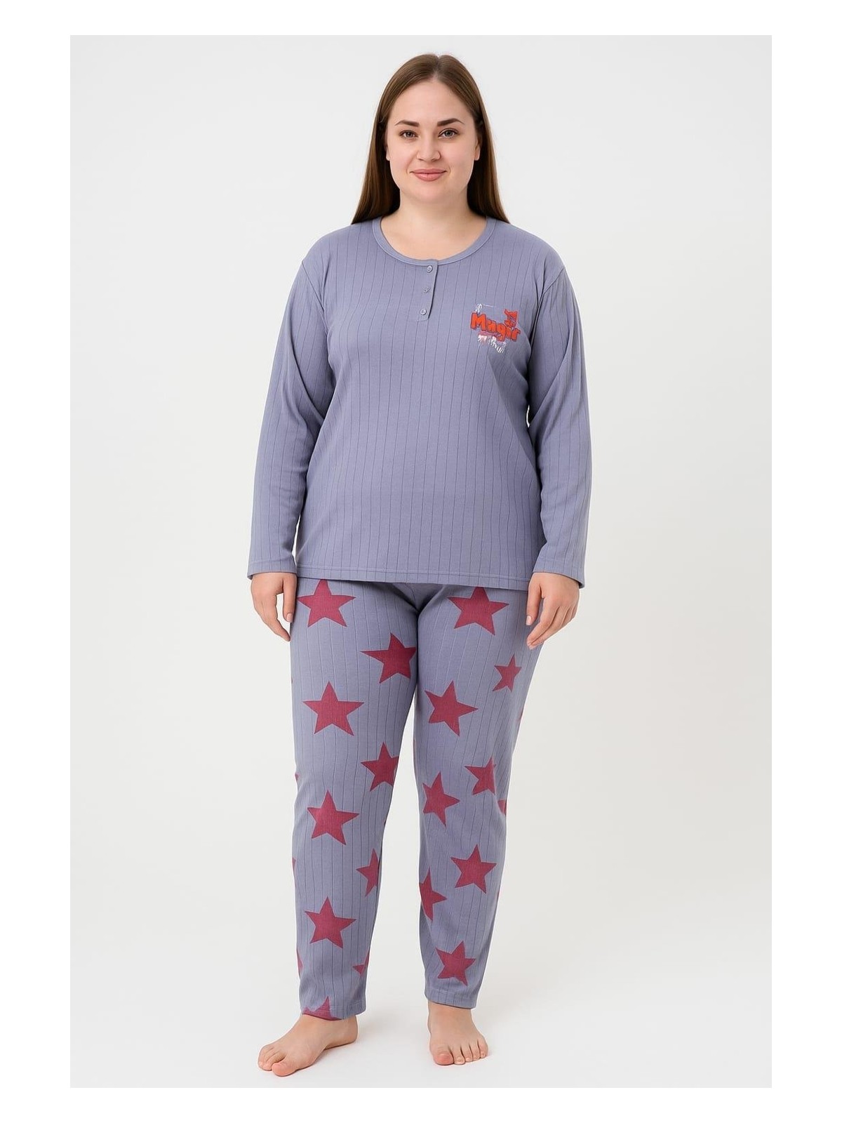 Pemilo Kadın 05117 Büyük Beden % 100 Pamuk Raporlu Pijama Takımı