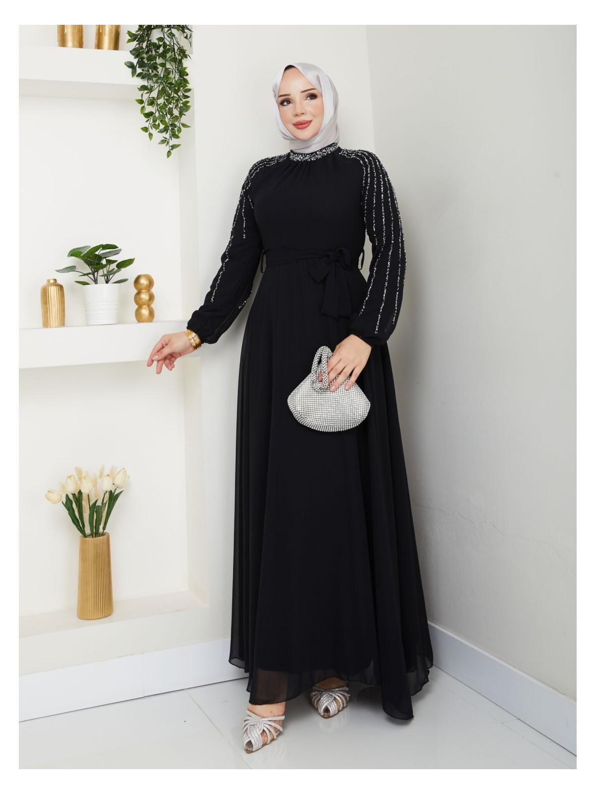 Hiramir Kadın Kolları Işlemeli Astarlı Abiye Elbise YZ2501 46 - Lacivert - Görsel 4