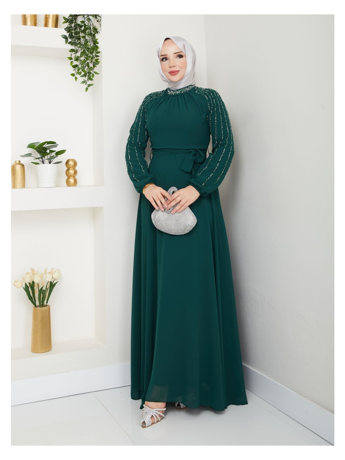 Hiramir Kadın Kolları Işlemeli Astarlı Abiye Elbise YZ2501 46 - Lacivert - Görsel 6