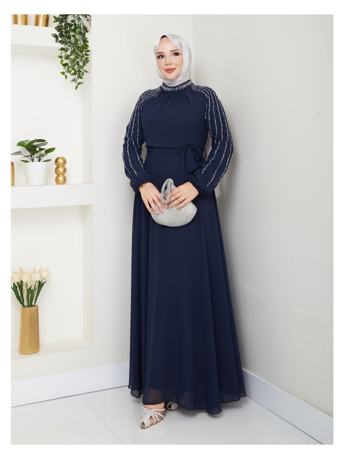 Hiramir Kadın Kolları Işlemeli Astarlı Abiye Elbise YZ2501 46 - Lacivert