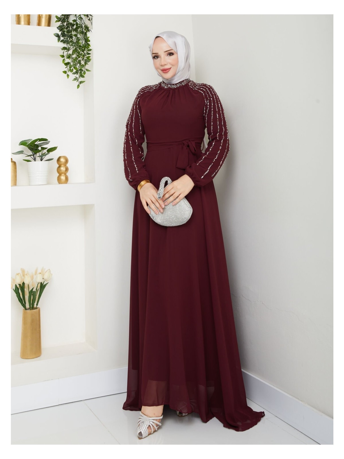 Hiramir Kadın Kolları Işlemeli Astarlı Abiye Elbise YZ2501 46 - Lacivert - Görsel 3