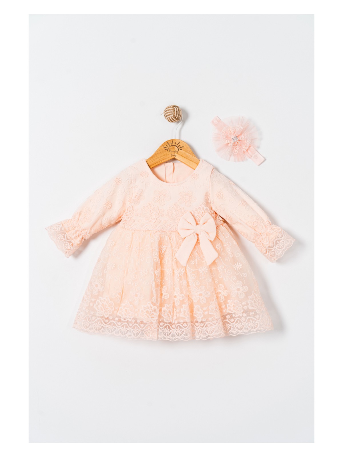 Miniday Baby Kız Bebek Mevlütlük Elbise Dantelli Bandanalı - Görsel 4