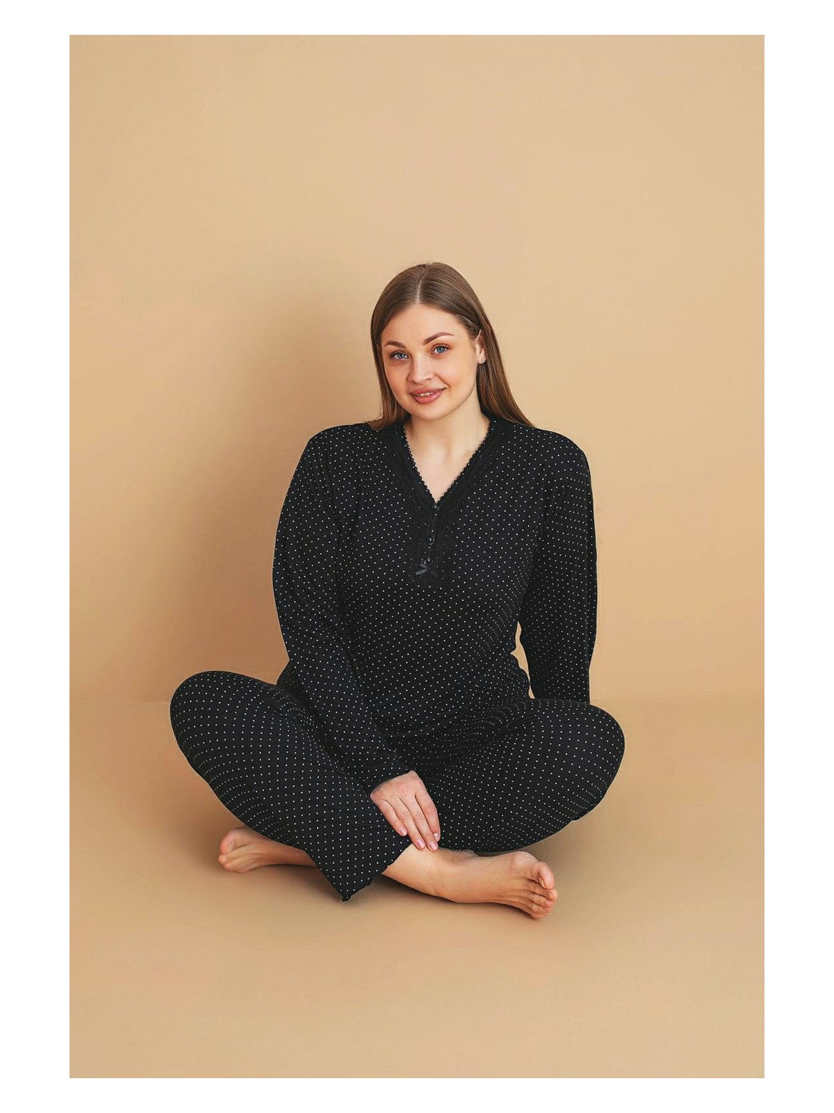 Temporium Kadın Büyük Beden Desenli Yakası Düğmeli Uzun Kollu Bambu Pijama Takımı - Görsel 9