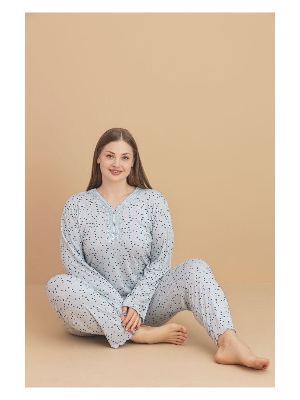 Temporium Kadın Büyük Beden Desenli Yakası Düğmeli Uzun Kollu Bambu Pijama Takımı - Görsel 7