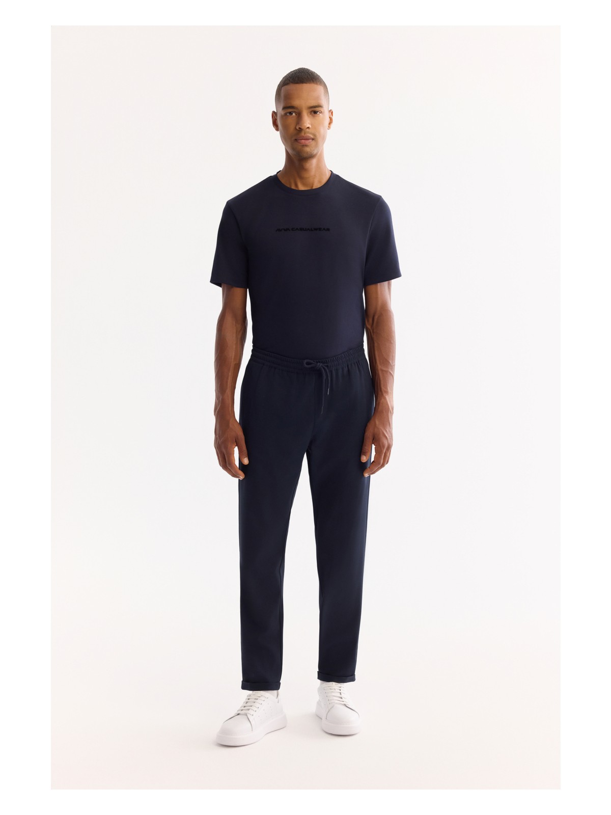 AVVA Erkek Lacivert Beli Lastikli Bağcıklı Duble Paça Jogger Relaxed Fit Pantolon E003000