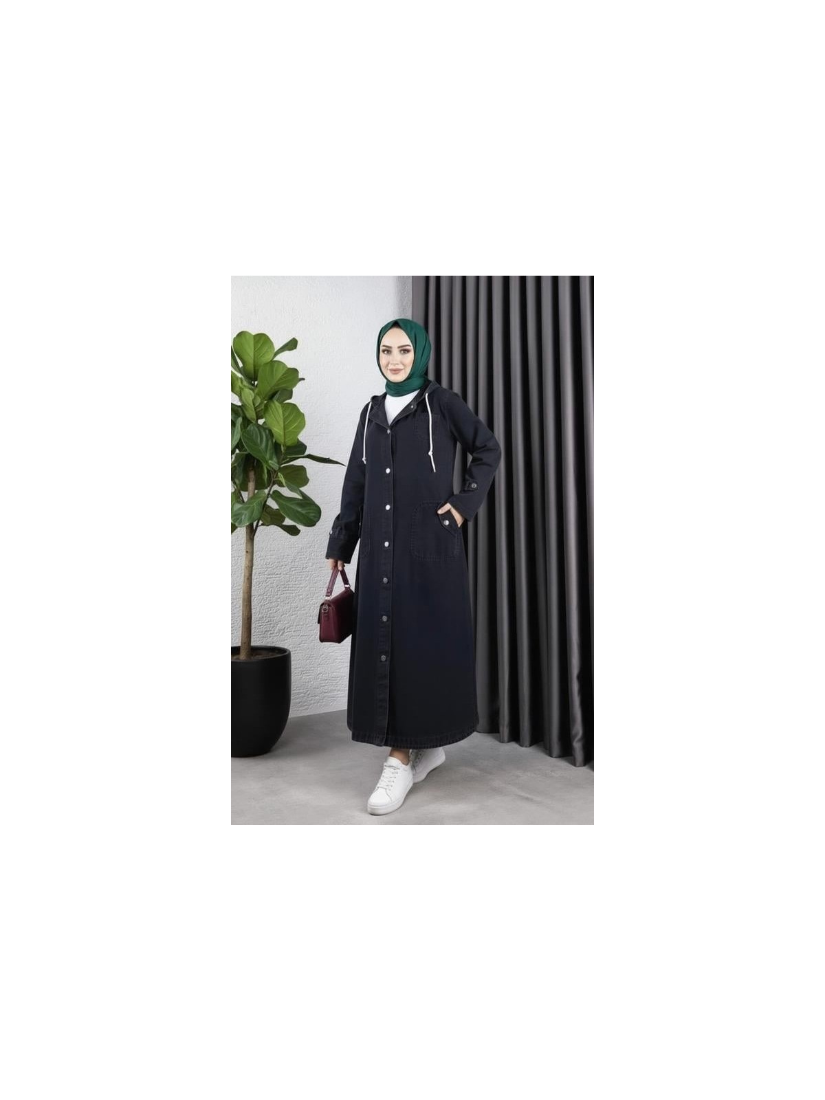 Harma Time Butik Kadın Cepli Düğmeli Kapüşonlu Denim Koyu Gri Trençkot - Görsel 6