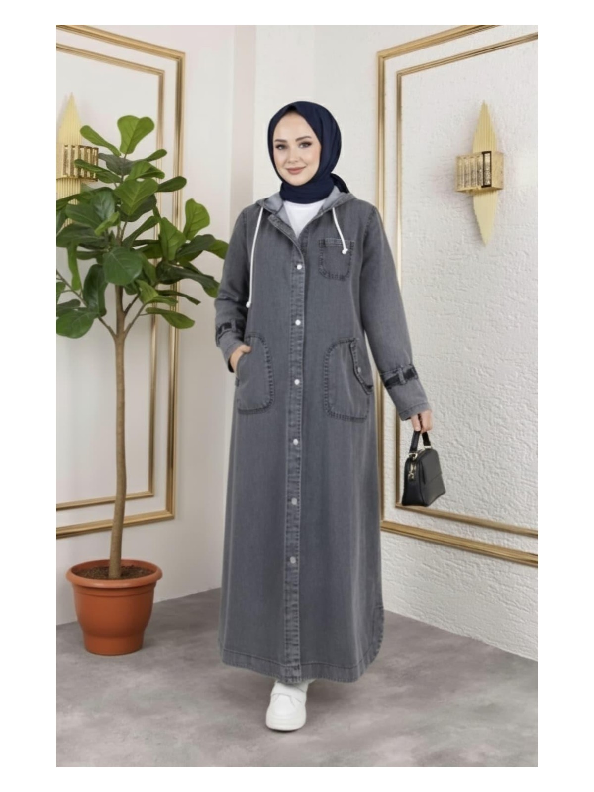 Harma Time Butik Kadın Cepli Düğmeli Kapüşonlu Denim Koyu Mavi Trençkot - Görsel 3