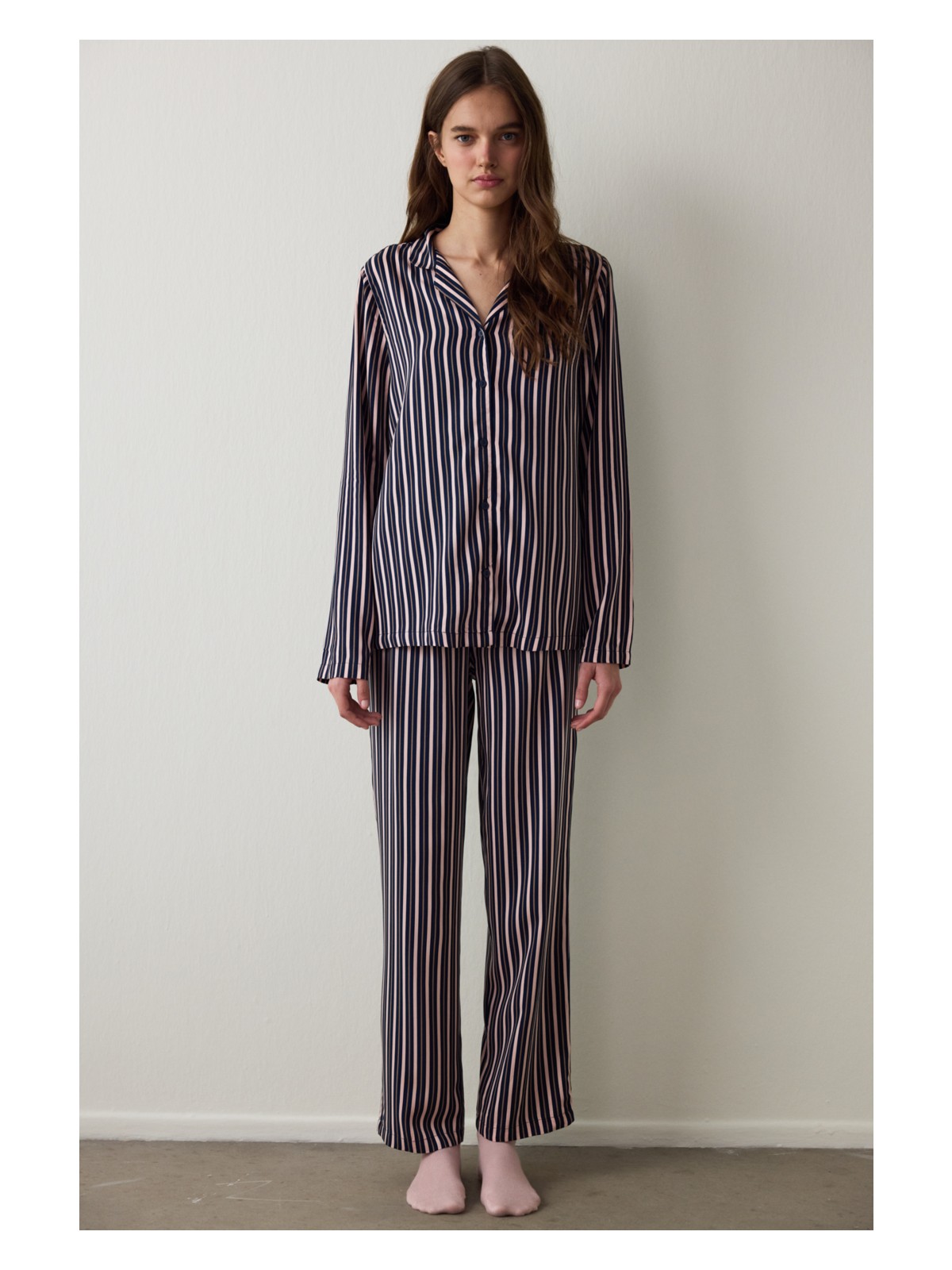 Penti Lacivert Çizgili Gömlek Yaka Uzun Kollu Pijama Takımı