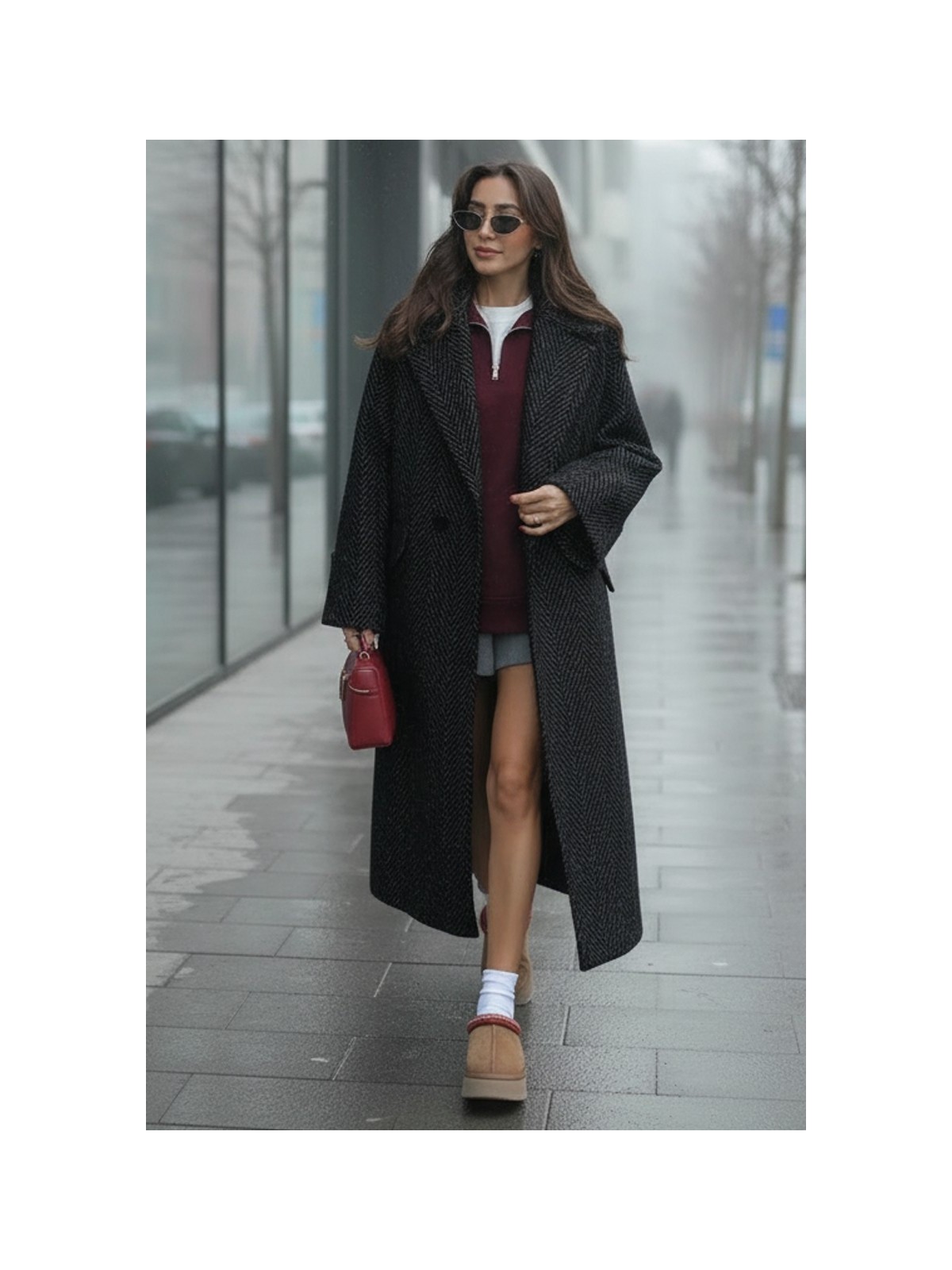 Barbora Balık Sırtı Desenli Kışlık Astarlı Kadın Kaşmir Uzun Kaban