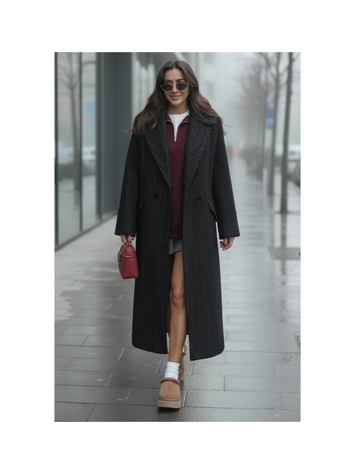 Barbora Balık Sırtı Desenli Kışlık Astarlı Kadın Kaşmir Uzun Kaban - Görsel 2