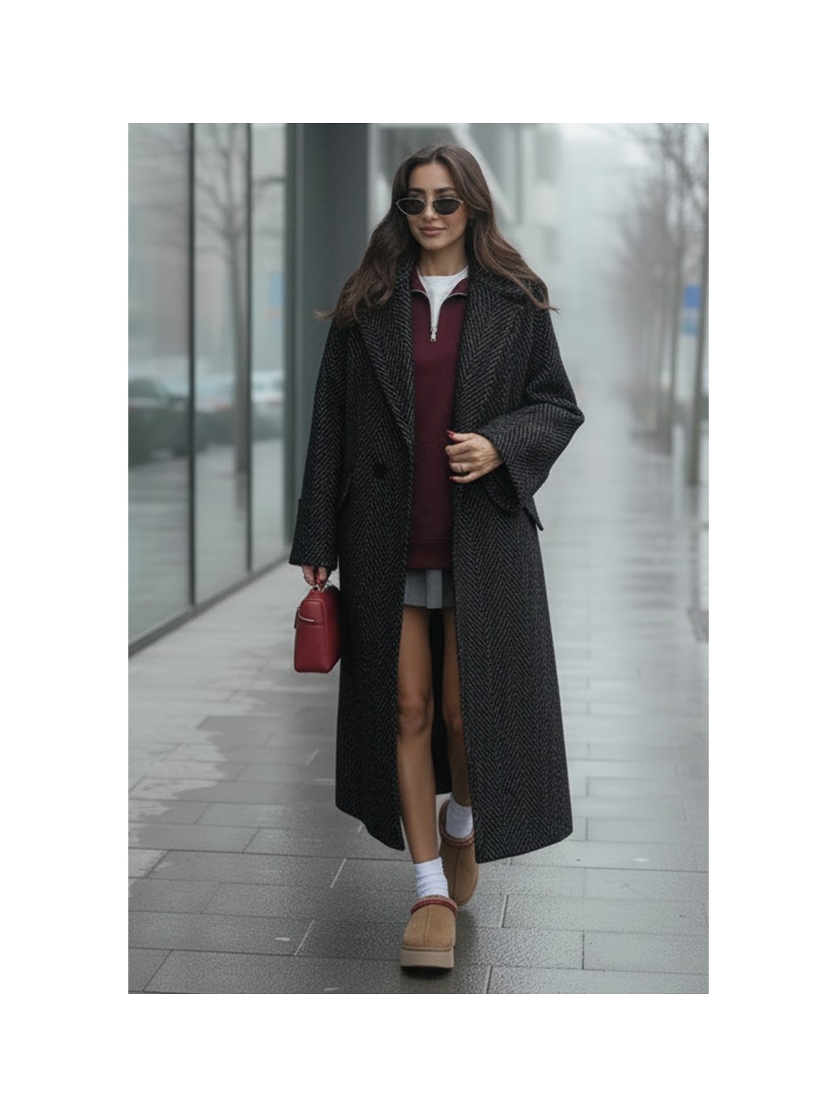Barbora Balık Sırtı Desenli Kışlık Astarlı Kadın Kaşmir Uzun Kaban - Görsel 3