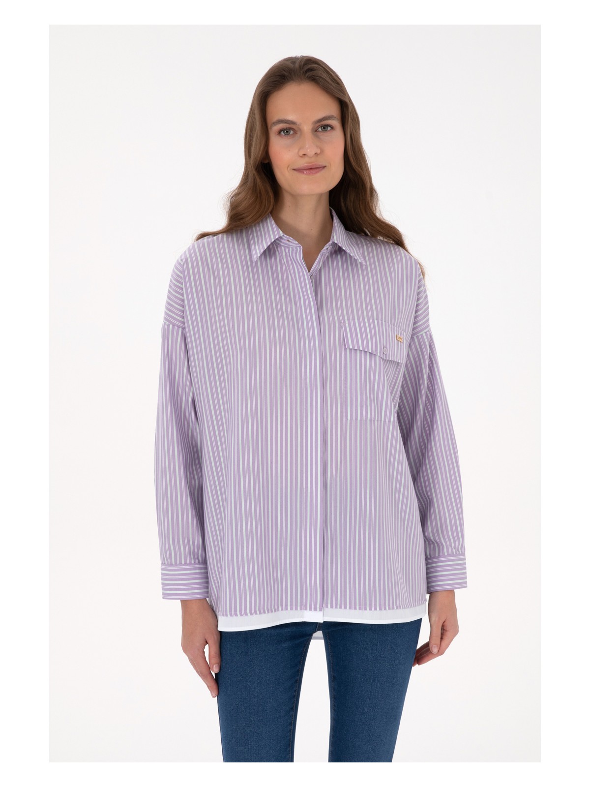 U.S. Polo Assn. Kadın Mor Çizgili Uzun Kollu Gömlek 50316369-VR245