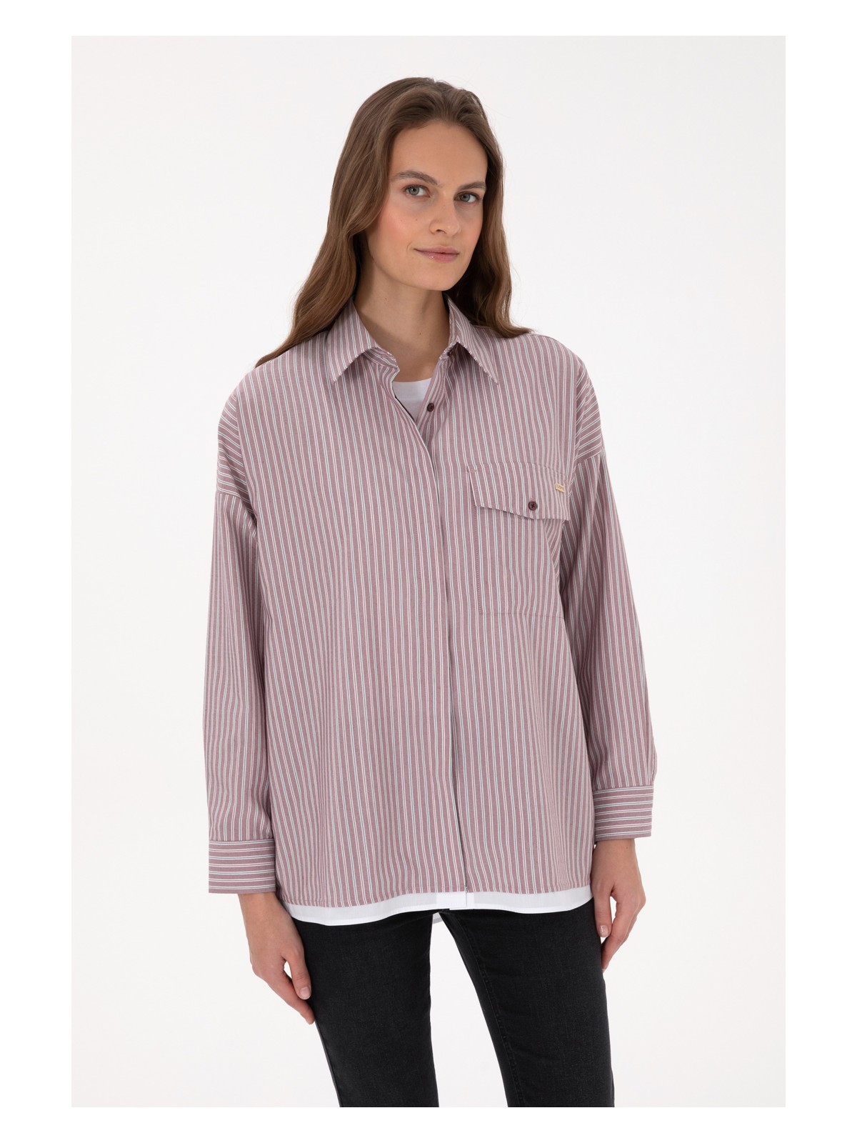 U.S. Polo Assn. Kadın Saks Çizgili Uzun Kollu Gömlek 50316369-VR032 - Görsel 5