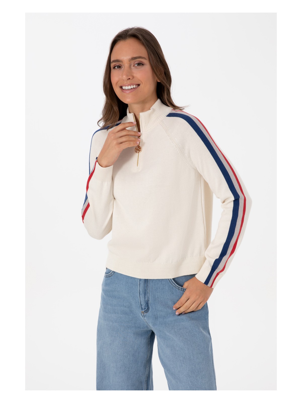 U.S. Polo Assn. Kadın Krem V Yaka Fermuarlı Kazak 50314691-VR071