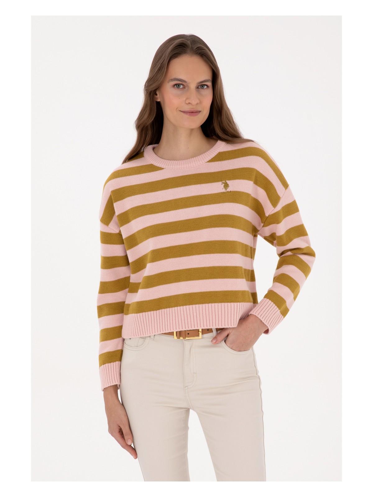 U.S. Polo Assn. Kadın Krem Çizgili Bisiklet Yaka Kazak 50314653-VR071 - Görsel 6