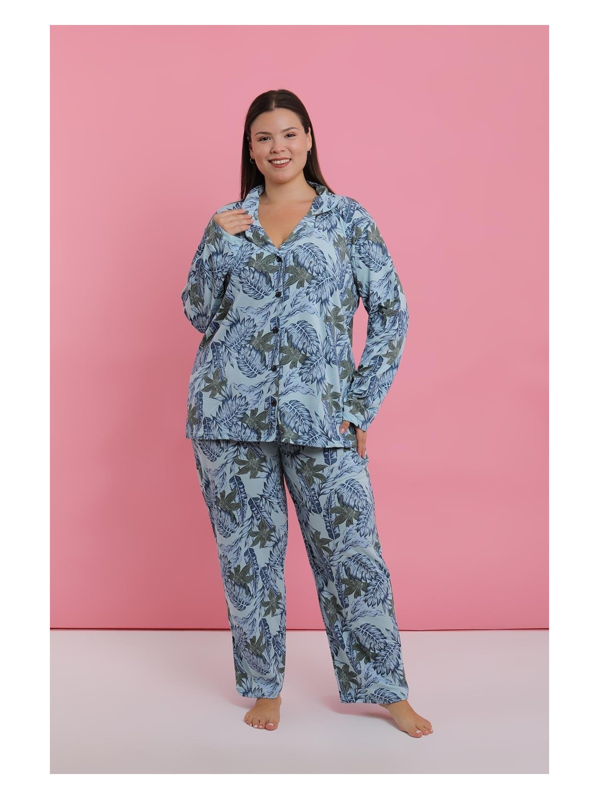 Akbeniz Kadın Büyük Beden Mavi Tropikal Desenli Düğmeli Pijama Takımı