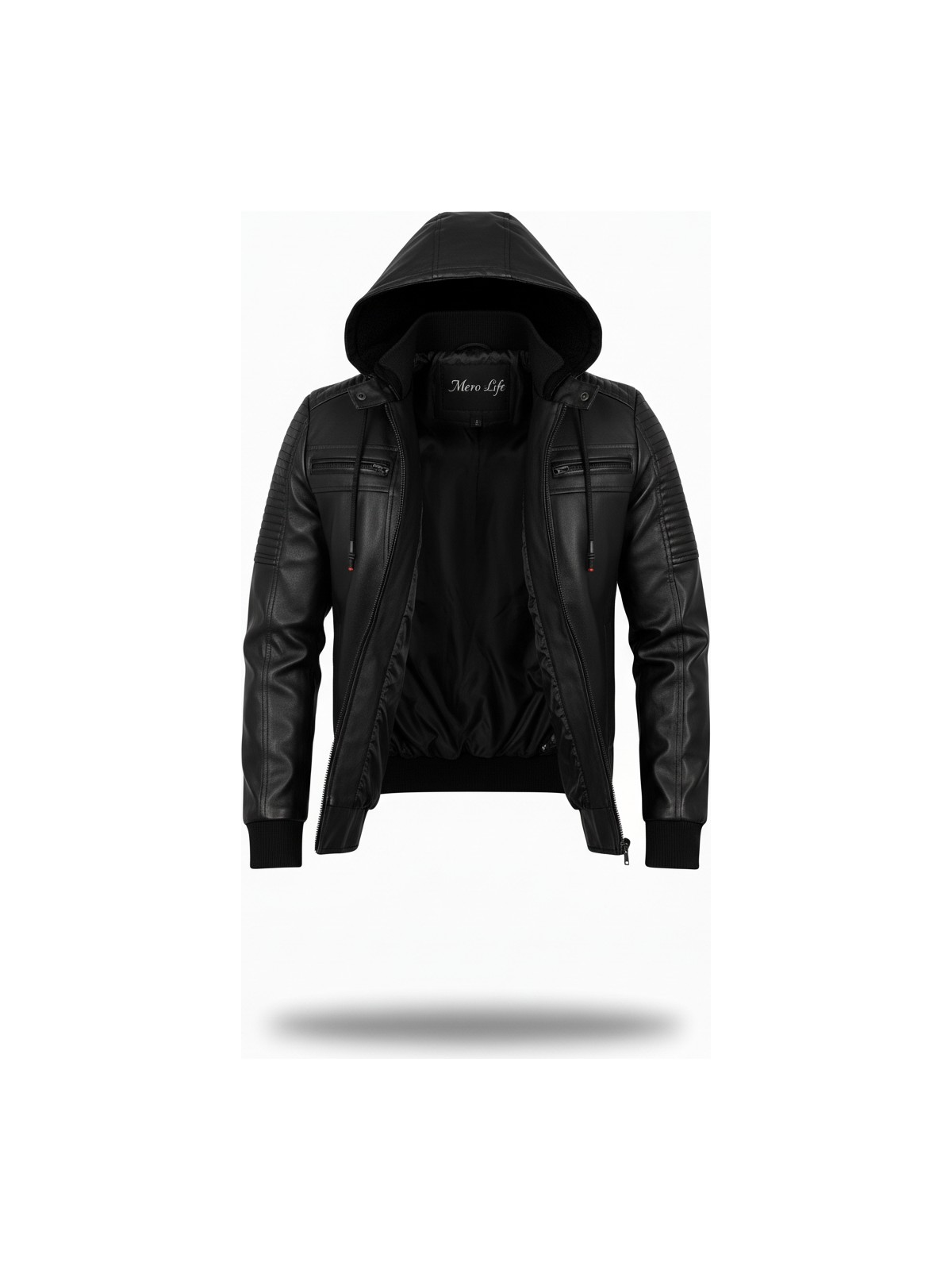 Mero Life Erkek Siyah Dar Kesim Kapüşonlu Bel Lastikli Ribanalı Deri Ceket & Mont