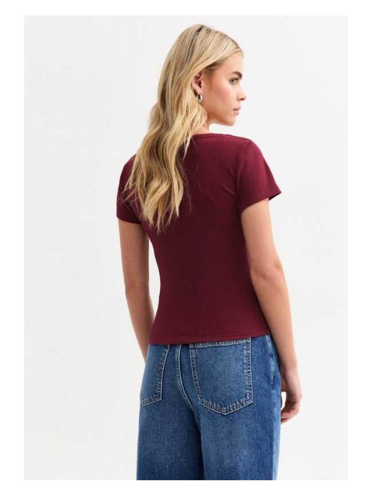 Rooted Kadın Havuz Yaka T-Shirt & Bluz , Likralı Fitilli Kaşkorse Kumaş - Görsel 4