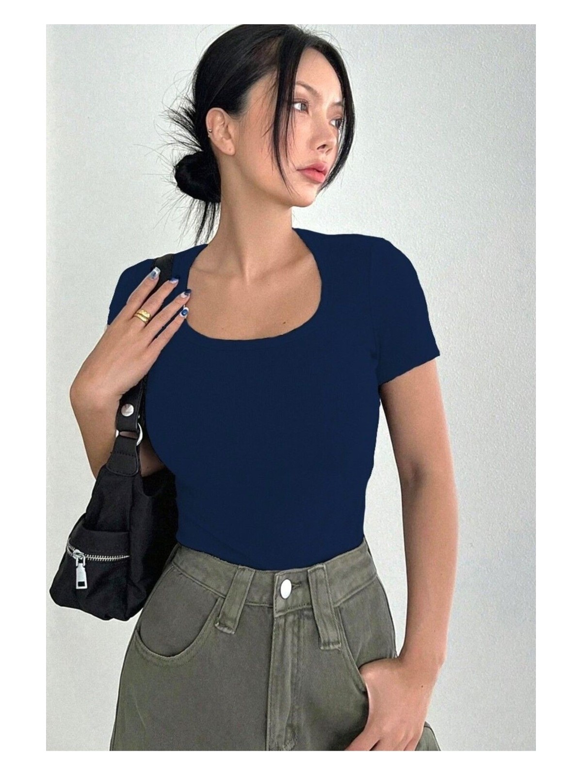 Rooted Kadın Havuz Yaka T-Shirt & Bluz , Likralı Fitilli Kaşkorse Kumaş
