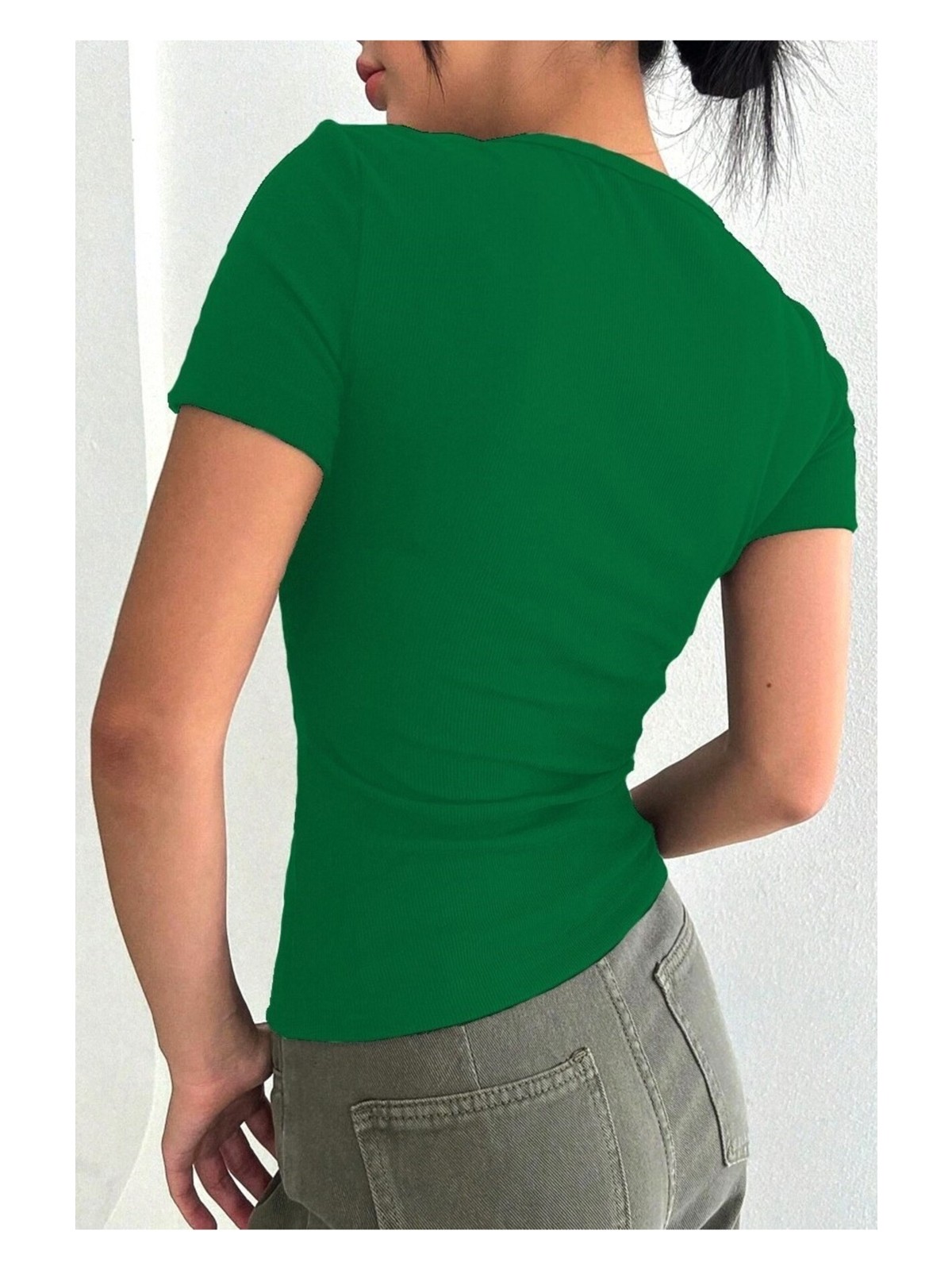 Rooted Kadın Havuz Yaka T-Shirt & Bluz , Likralı Fitilli Kaşkorse Kumaş - Görsel 3