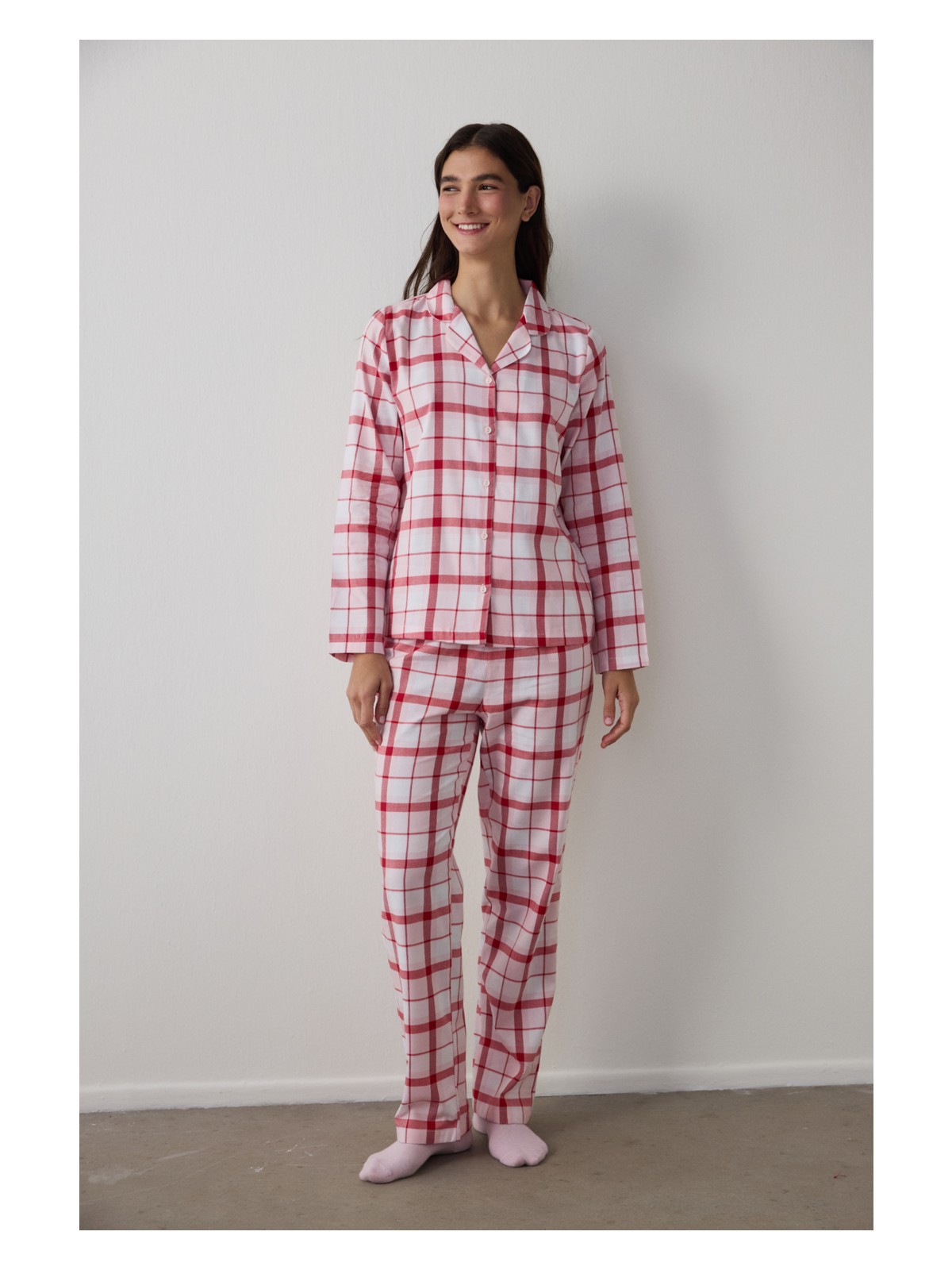 Penti Gül Kurusu Modal Ekoseli Gömlek Yaka Düğmeli Pamuklu Pijama Takımı