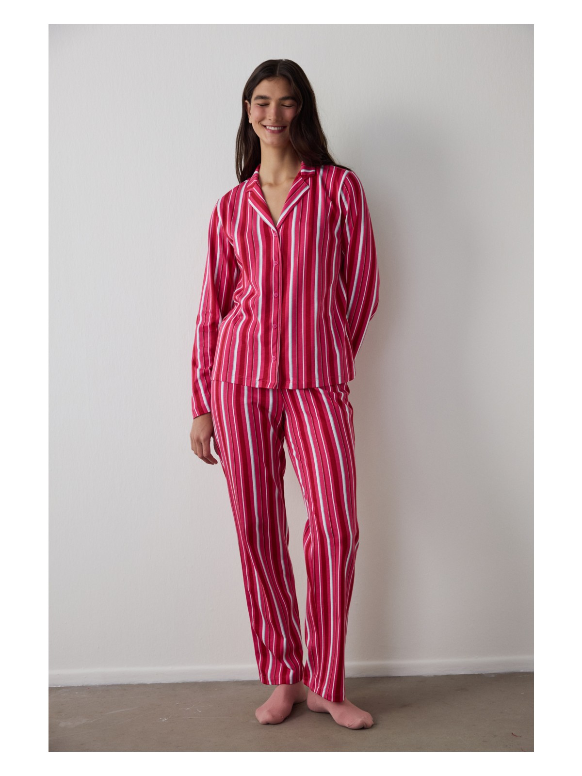 Penti Fuşya Bloom Stripes Gömlek Pantolon Pijama Takımı