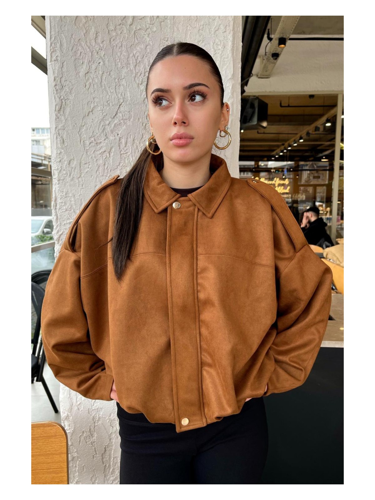 Rich Kadın Taba Oversize Süet Bomber Ceket