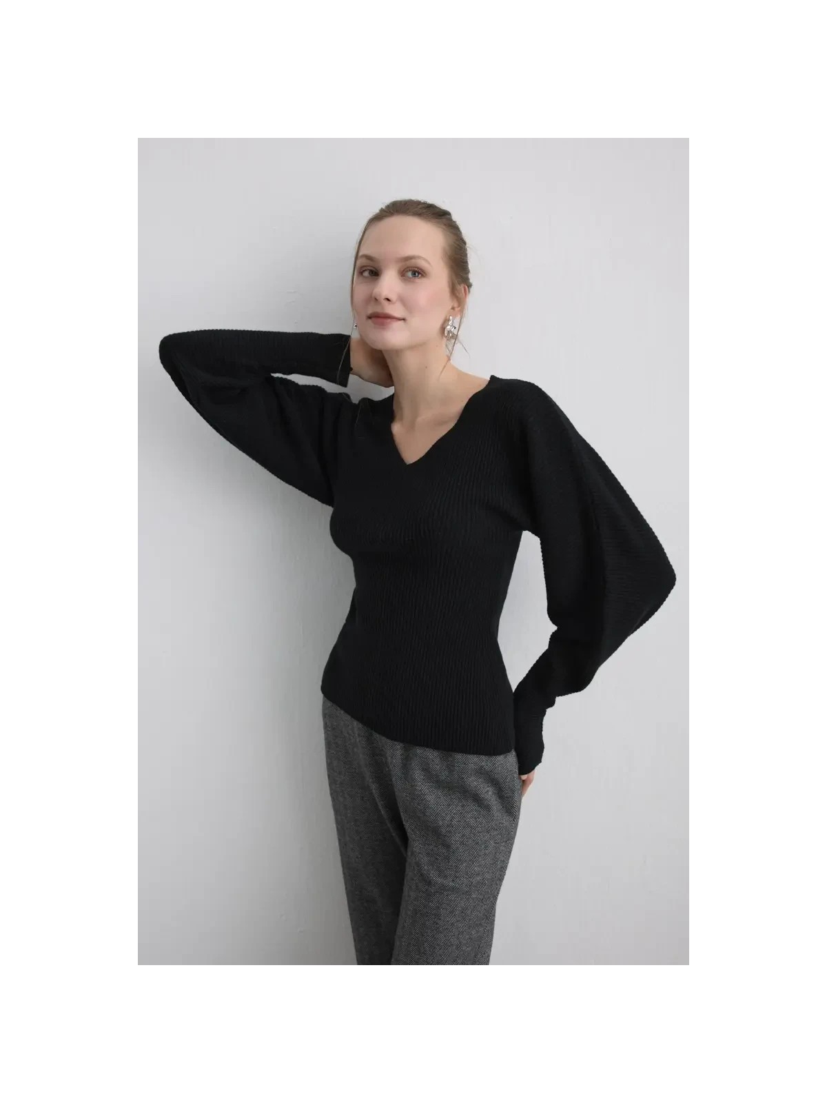 Gusto Yarasa Kol Yünlü Triko - Siyah